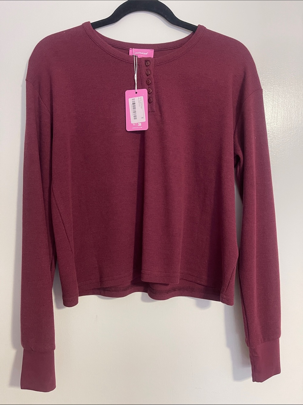 Edikted Waffle-Knit Henley Long Sleeve Top - Burgundy